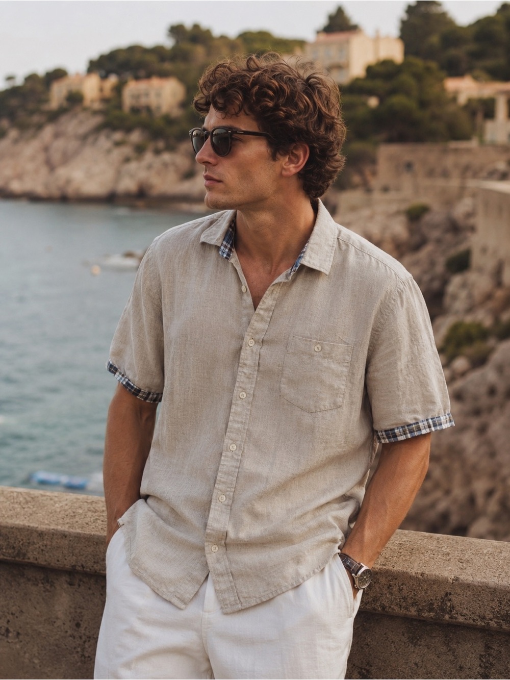 Simons 100% Linen Beige Coastal Button Up Shirt Men’s Large Resort Wear Vacation